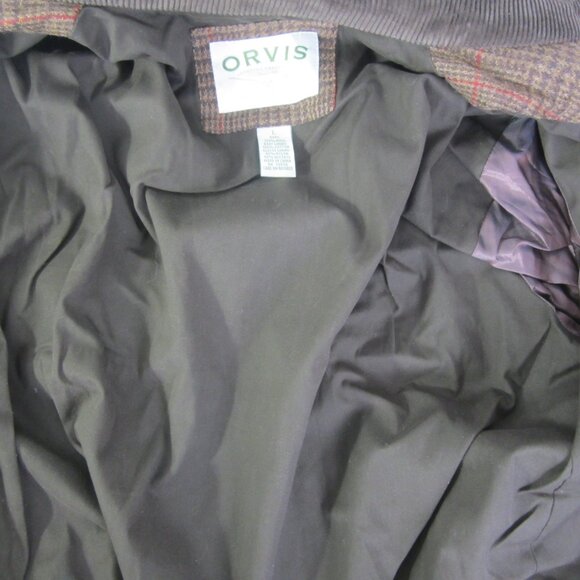 Orvis Mens Large Brown Houndstooth Plaid Wool Bomber Full Zip Jacket Pockets - Picture 13 of 16